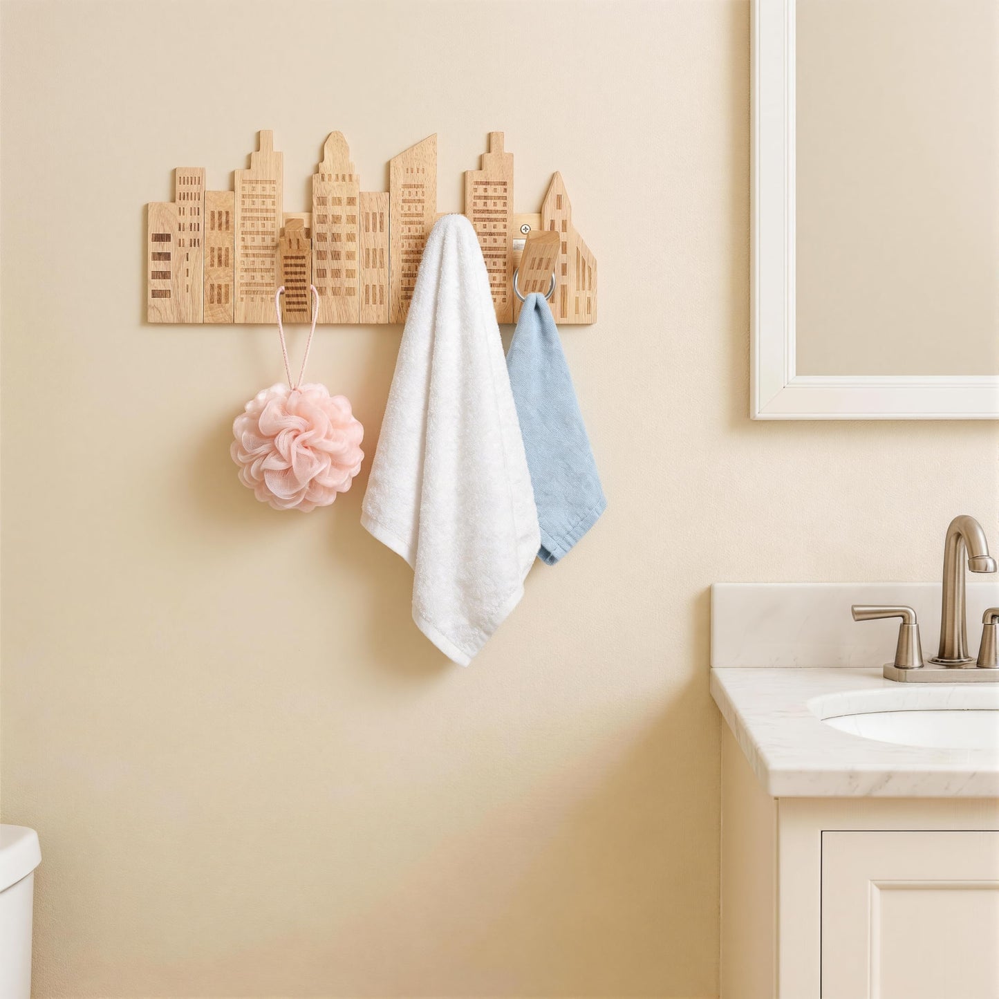 KYIAANY Cute Coat Rack for Kids: Wooden Folding 5 Hooks Wall Mounted 16Inch Decorative for Children's Room Nursery for Hanging Backpacks Hats Towels