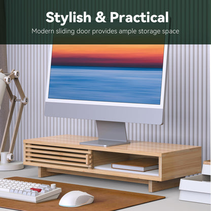 WELL WENG Monitor Stand Riser with Sliding Door, Computer Laptop Stand Desk Shelf Organizer with Storage (Natural Bamboo, 25 Inch)