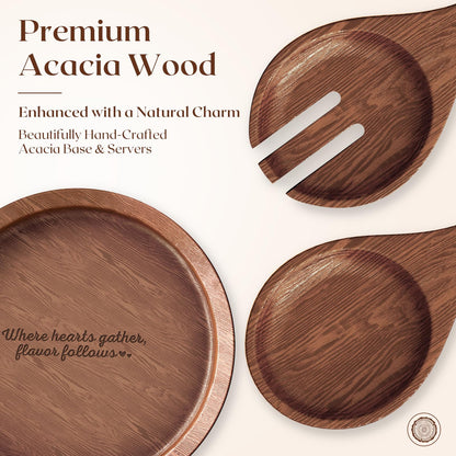SoulThink® Golden Ratio Extra Large Crystal Glass Salad Bowl Set - Hosting Essentials Salad Serving Bowl with Acacia Wooden Salad Servers and Base, Dinner Party Must Haves for All Occasions
