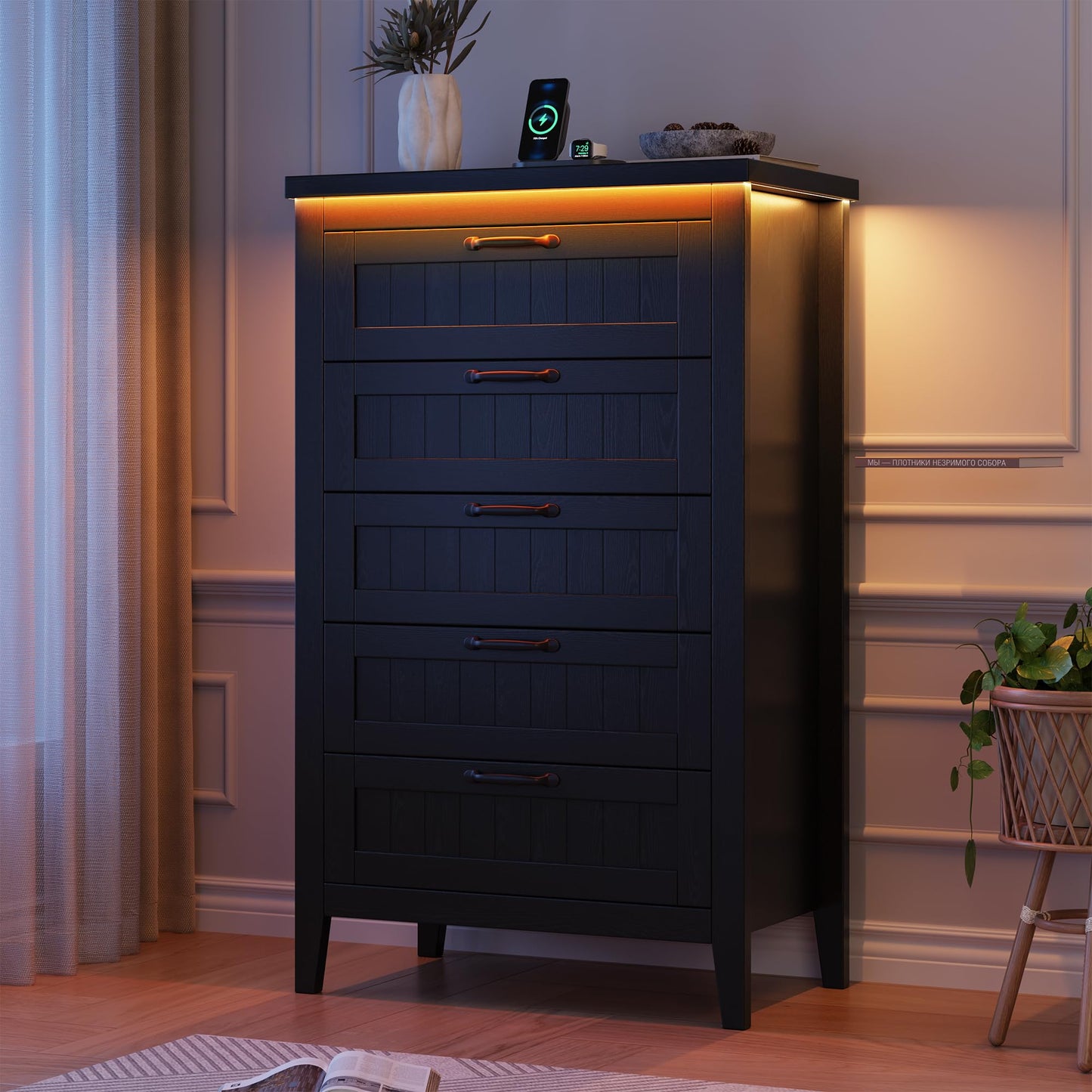 GarveeHome Farmhouse Tall 5 Drawer Dresser with Charging Station & LED Lights, Slim Wooden Bedroom Dresser, Rustic Chest of Drawers Clothes Storage Organizer for Closet Dorm Apartments, Black