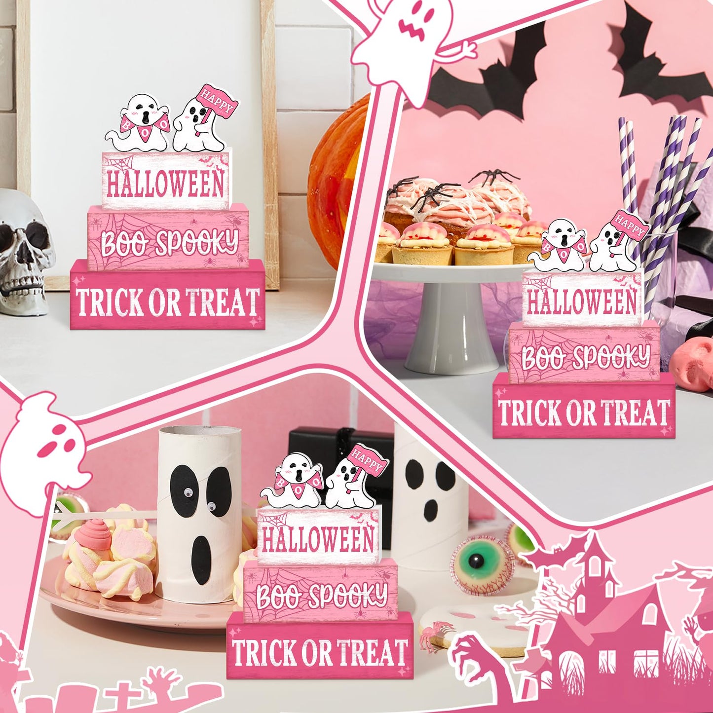4 Pcs Pink Halloween Decor Indoor Wooden Tiered Tray Decorations, Pink Ghost Halloween Table Decor Farmhouse Tabletop Centerpieces for Farmhouse Home Kitchen Mantel Office