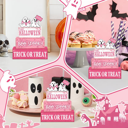 4 Pcs Pink Halloween Decor Indoor Wooden Tiered Tray Decorations, Pink Ghost Halloween Table Decor Farmhouse Tabletop Centerpieces for Farmhouse Home Kitchen Mantel Office