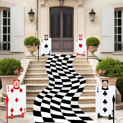 Cinnvoice Wonderland Tea Party Decoration, 4 Giant Queen's Soldiers Poker Sign with 8 Stakes 4 Spears, Large Checkered Floor Runner, Yard Lawn Garden Indoor Outdoor Decor for Birthday Poker Party