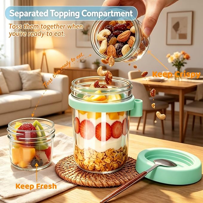 4 Pack Overnight Oats Containers with Lids and Spoons,16+4oz | Reusable Chia Pudding Jars with Dry and Wet Separation,Leak-Proof for Yogurt,Parfait Meal Prep, Dishwasher Safe