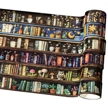AuriicLeaf Magician’s Bookcase PET Tapes – 6 Rolls of Fantasy Embroidery-Style Bookcase Designs with Clip, for Scrapbook, Journal, Junk Journal, Planner and DIY Decor