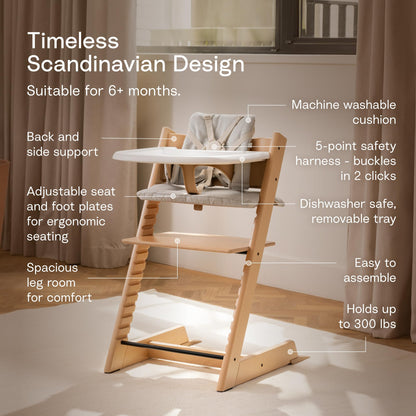 Stokke Tripp Trapp High Chair 2 (Natural), Cushion 2 (Nordic Grey) + Stokke Tray (White) - Includes Chair + Baby Set with Removable Harness for Children 6-36 Months