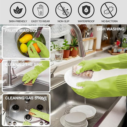 DABOGOSA Reusable Waterproof Household Dishwashing Cleaning Rubber Gloves, Non-Slip Kitchen Glove (Green, Medium (Pack of 3))