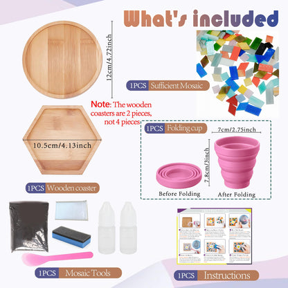 Nuyoach DIY Mosaic Tiles Crafts Kits for Adults, Mixed Stained Glass Mosaic Kit with 2 PCS Wooden Coaster Making Materials Package,Mosaic Adult Crafts for Women Beginners Handmade Home Decor Gifts