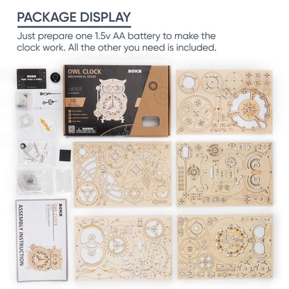 ROKR 3D Wooden Puzzles for Adults Mechanical Clock Kits - Owl Clock, DIY Model Building Kits Educational Brain Teaser Puzzles, Crafts/Hobbies/Gifts Desk Decor for Teens