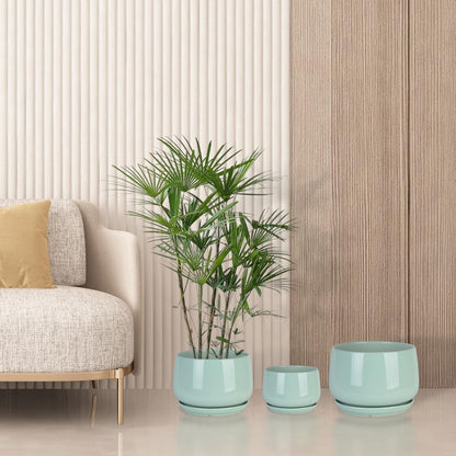 GDSZJLJ Ceramic Indoor Pots for Plants,7.5+5.9+4.4 Inch Set of 3,Flower Pots with Drainage Holes and Saucers,Planters Pot with Hole Mesh Pad,Large Planters for Indoor Plants,Gift for Mom,Aqua