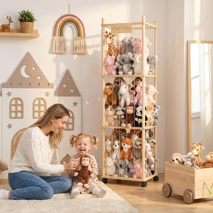 Stuffed Animal Storage Organizer Zoo Tower, Large Wooden Plush Toy Organizer & Holder with Elastic Cords & Brake, Plushies Storage for Playroom Bedroom Nursery, Natural Solid Wood, Easy Assembly
