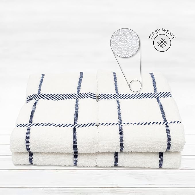 100% Cotton Terry Dish Towels, 4 Pack Checks, 16 x26 Inches, Super Soft and