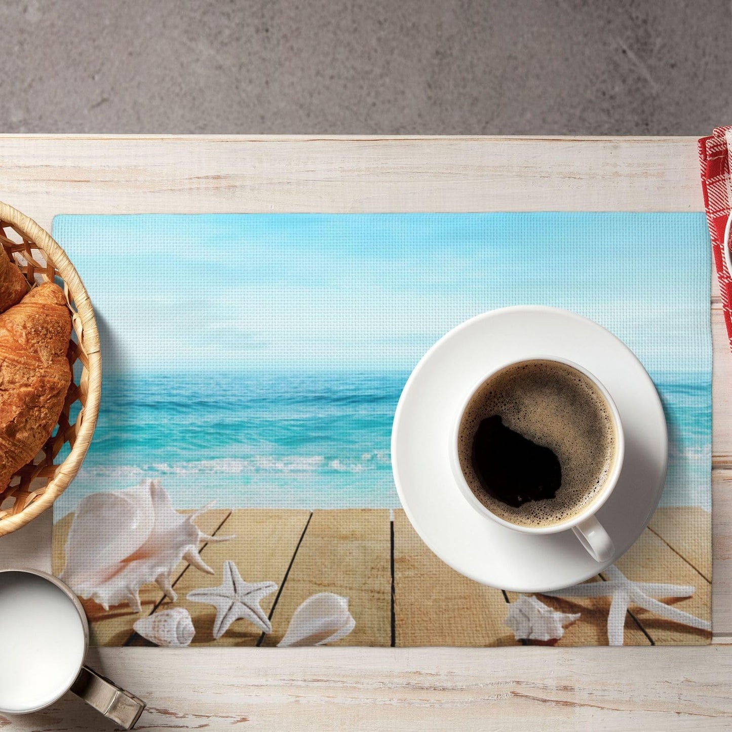 Seashells Placemats Set of 4 Wooden Boardwald Sunshine Vacations Beach Theme Reusable Linen Table Mats Wipeable Rectangle Place Mats for Home Kitchen Dining Decoration 12x18 Inch