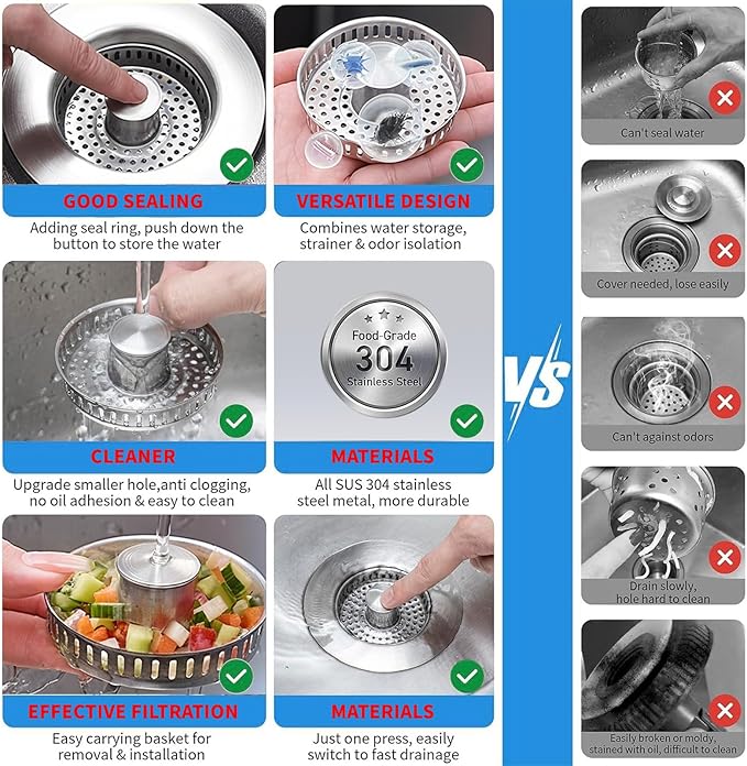3-in-1 Kitchen Sink Drain Strainer : Pop Up Sink Stopper, 304 Stainless Steel