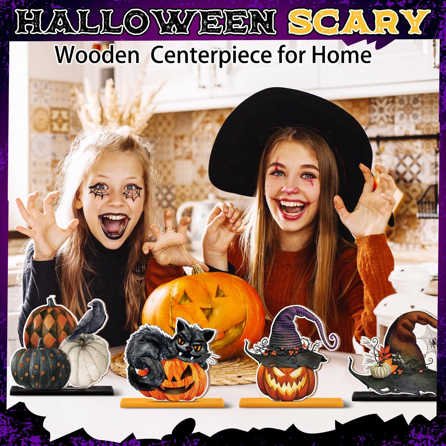 Marsui 12 pcs Halloween Wooden Decor Table Centerpieces Decorations for Home Spooky Halloween Pumpkin Ghost Black Cat Wooden Sign Wood Blocks Sign Home Decoration Tiered Tray Decor for Kitchen Shelf