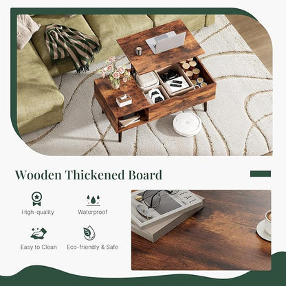Wood Lift Top Coffee Table with Hidden Storage Compartment & Open Shelf, Multi-Functional Wooden Tabletop Dining Table for Living Room, Home Small Space