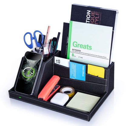 Valet Tray, Built in Wireless Charging Pad, Nightstand Organizer, Dresser Organizer, Mens Jewelry Box, Valet Charging Station, Faux Leather Valet Tray for Men and Women (Black+Wireless)