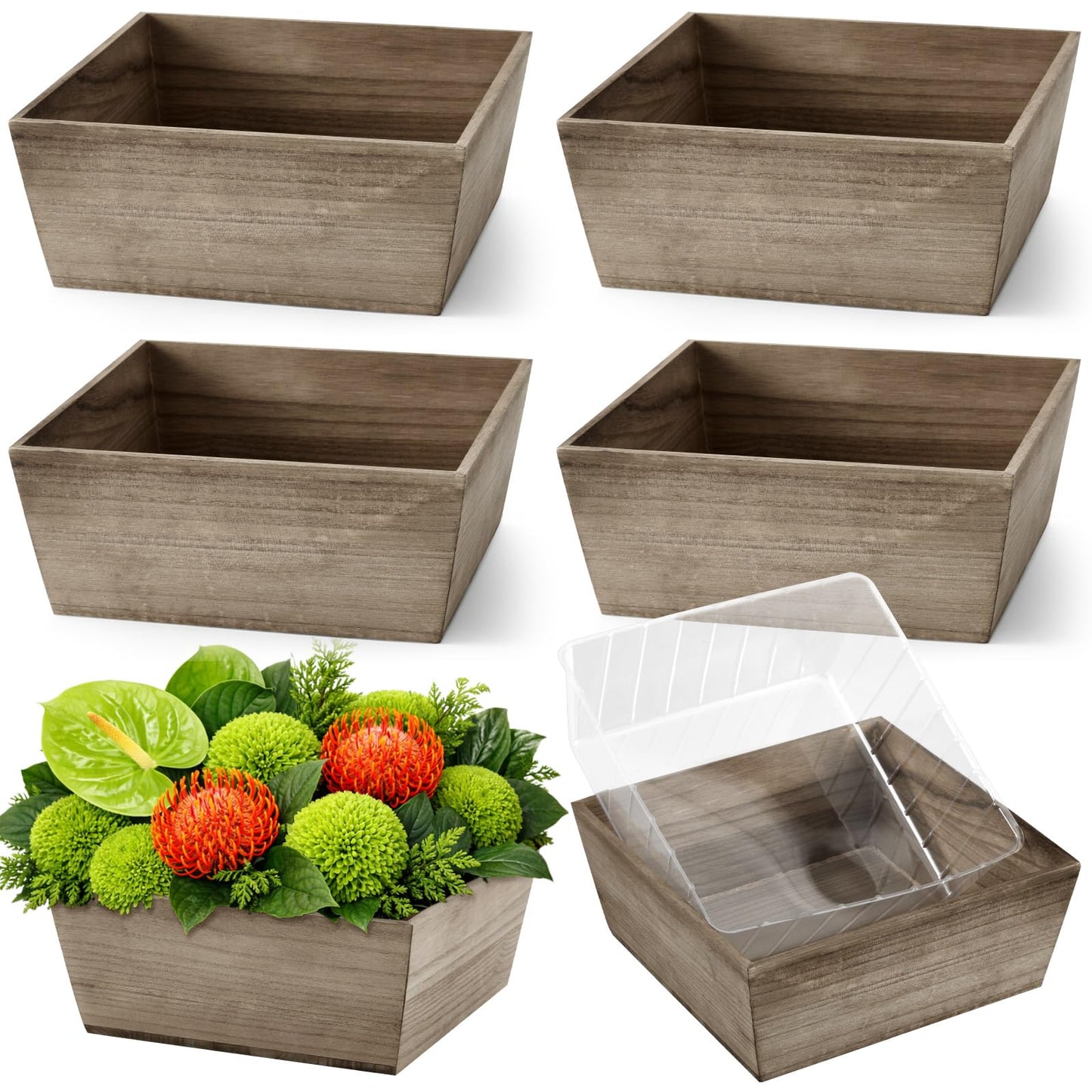 Dandat 6 Set Wooden Centerpiece Box for Wedding Table Decor 10 Inch Rustic Wood Planter Box with Removable Plastic Liner Flower Boxes for Party Wedding Baby Shower Home Garden Decor(Brown)