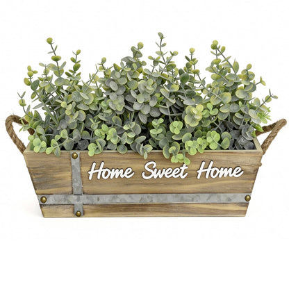 hopeme Artificial Eucalyptus Table Centerpiece in Wooden Box, Faux Greenery Arrangement with “Home Sweet Home” Sign, Jute Rope Handles, Farmhouse Rustic Home Décor