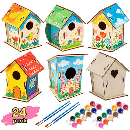 BlockPro 24 Pack Bird House Kits for Kids with Paint & Brushes, DIY Wooden Birdhouse Painting Set, Spring Summer Arts Projects, Educational Craft Gift for Birthday, Party, Parent-Child Activities