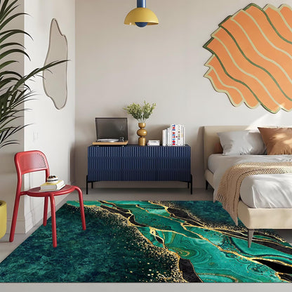 Qmkmyy Luxury Emerald Green Black Gold Marble Abstract Bedroom Rugs 5'x8' for Living Room Modern Aesthetic Glitter Area Rug Soft Cozy Carpet Floor Mats