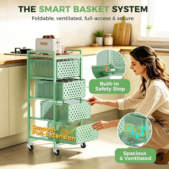 5 Tier Kitchen Storage Cart with Wheels, Utility Fruit Vegetable Storage Rack Stand with Pull-Out Baskets & Wood Top, Metal 4-Drawers Rolling Snack Cart, Kitchen Cart for Potato Onion(Green)