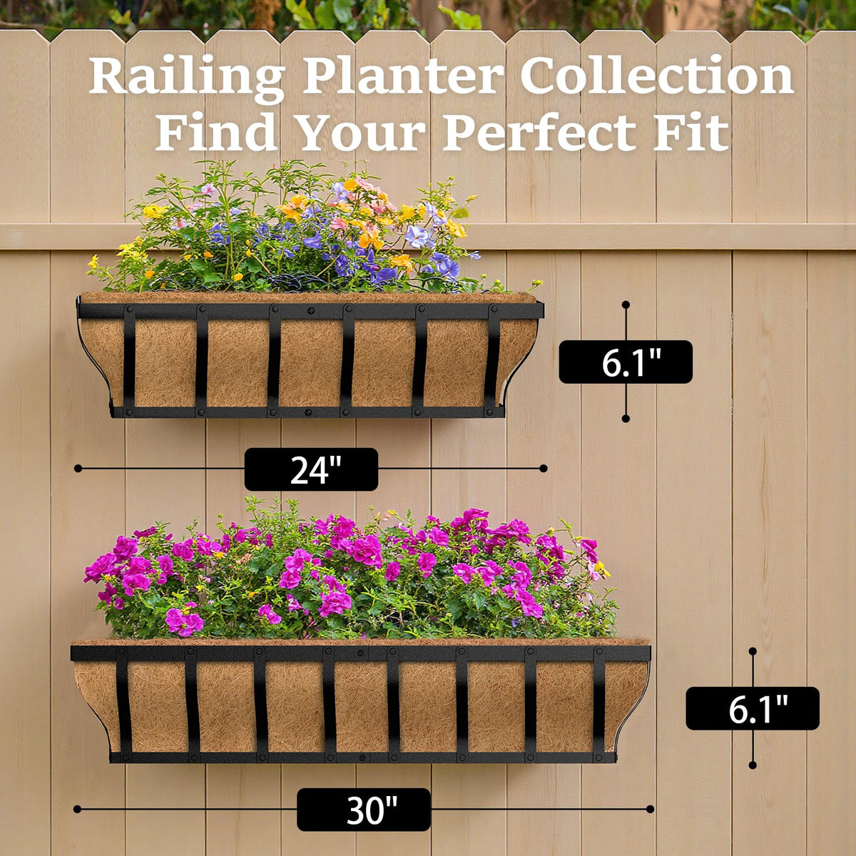 VOXOR Railing Planter Boxes, Heavy Duty Window Box Planters, Adjustable Balcony Planters for Railing Hanging, with Coco Liner & Support Rod for Deck, Porch, and Patio Gardening (2 Pack, 24 Inch)