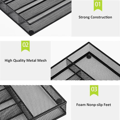 Neudeco Silverware Drawer Organizer, Black | 5 Compartment, Mesh Wire, Non-Slip Feet, Cutlery Tray
