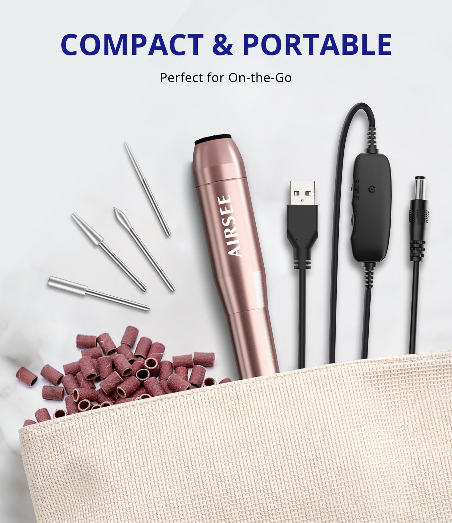 AIRSEE Home Lite USB Mobile Nail Drill Machine for Beginners Portable Nail File Manicure Pedicure Dremel Kit with 6 Bits 26 Sanding Bands for Home Acrylic Gel Nails Polishing DIY,Purple