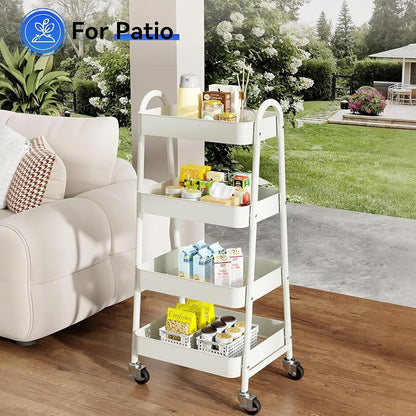 OLIXIS Metal 4 Tiers Utility Rolling Cart, Mobile Storage Shelf with Lockable Caster Wheels, Organization for Livingroom, Bathroom & Narrow Places, 4-Tier White