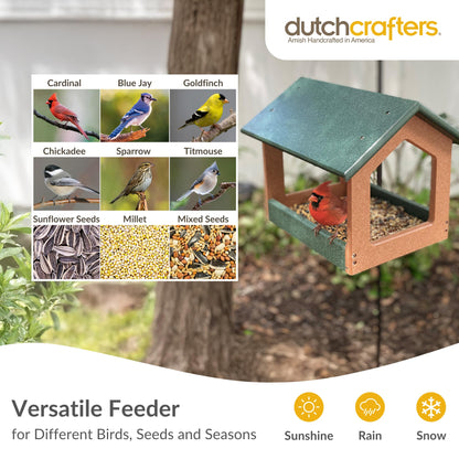 DutchCrafters Amish USA Made Recycled Plastic Large Hanging Modern Fly Through Covered Roof Open Platform Tray Bird Feeder for Outdoors, Garden, Yard (Turf Green & Bright Cedar)