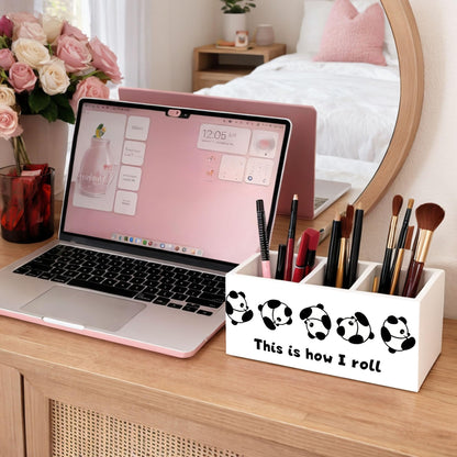 GGED Wooden Desk Organizer with Panda Design, 3 Compartment Pen Pencil Holder, Decorative Office Supply Storage Box for Home, Office, Desk Table, Gift for Friends and Coworkers