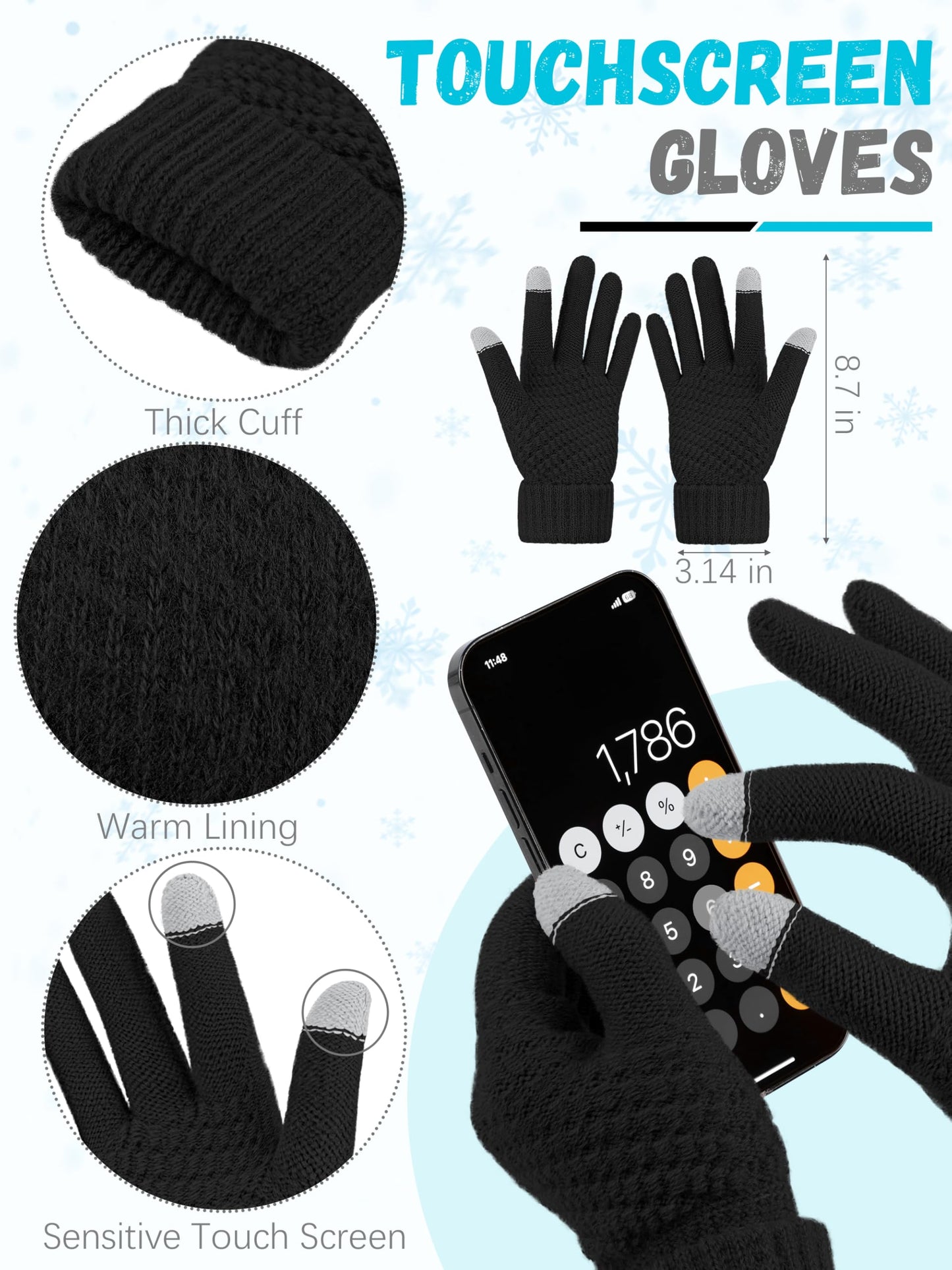 LOROME Winter Beanie Hat Scarf Gloves, Warm Fleece Knit Winter Hats Touch Screen Gloves Neck Scarf Set Winter Gifts for Women Men