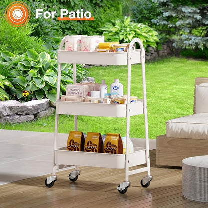 NEWBULIG 3-Tier Metal Rolling Cart with Lockable Wheels, Heavy Duty Mobile Utility Storage Shelf, Roller Book Snack Cart, Organization for Livingroom, Bathroom, Office, White