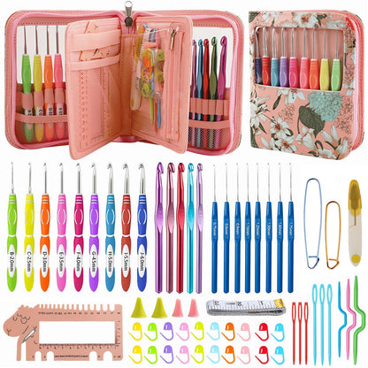 Dasonwin 60-Piece Ergonomic Crochet Hooks Set with Travel Case - Aluminum Crochet Needles Kit for Beginners & Experts, Arthritis-Friendly Design, Includes Stitch Markers & Accessories (Pink)