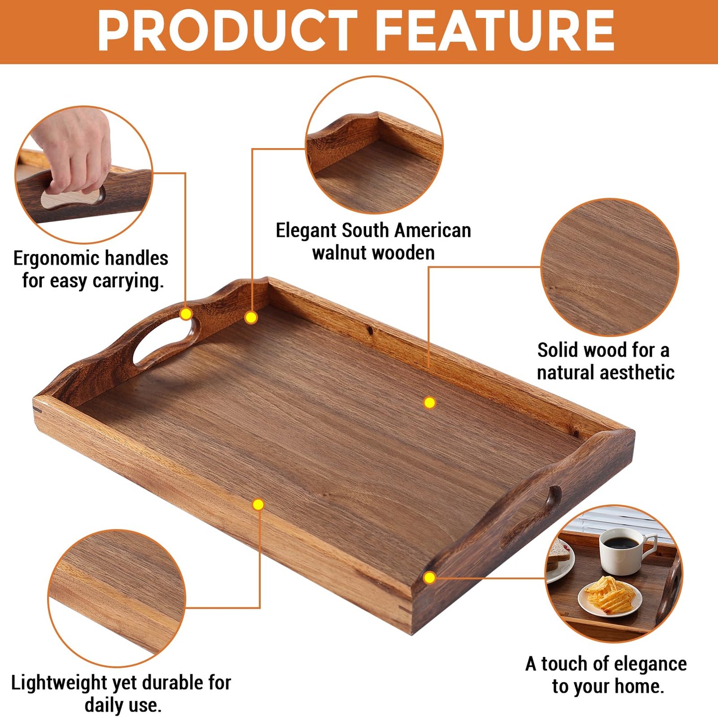 MOOKOMI Nature Walnut Wooden Serving Tray with Handles, Solid Wood Food Tray for Coffee, Breakfast, Dinner, Ottoman,16.6x11.8x2.4 inches