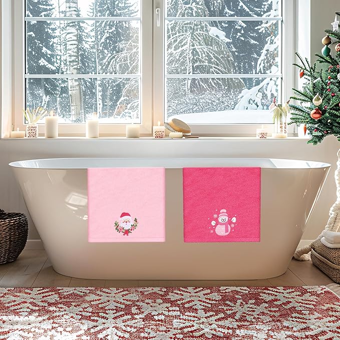 3Pcs Christmas Pink Hand Towel Set Cotton Xmas Tree Santa Snowman Bathroom