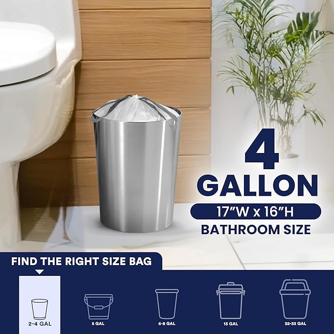 Plasticplace 4 Gallon White Drawstring Trash Bags, – 0.7 Mil Leak-Proof Garbage