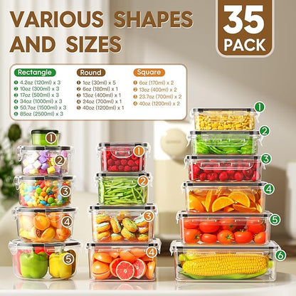 KEMETHY 70 PCS Food Storage Containers with Lids Airtight, Total 856oz, BPA-free, Food-grade, Eco-friendly Material, Leak Proof Plastic Containers, Microwave/Dishwasher Safe