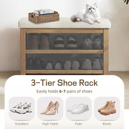 Zihanhome 2 Tier Shoe Rack Bench with Cushion, Solid Wood Shoe Benches, Mid-Century Modern Shoe Storage Bench for Entryway, Hallway, Living Room, Closet, Front Door Entrance, (Beige, 31.5")