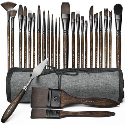 Fuumuui 26pcs Professional Paint Brush Set - High-Grade Series Synthetic Nylon Paint Brushes for Landscape, Acrylic, Oil, Watercolor, Gouache - Multi-Functional Universal Free Style for Art Supplies