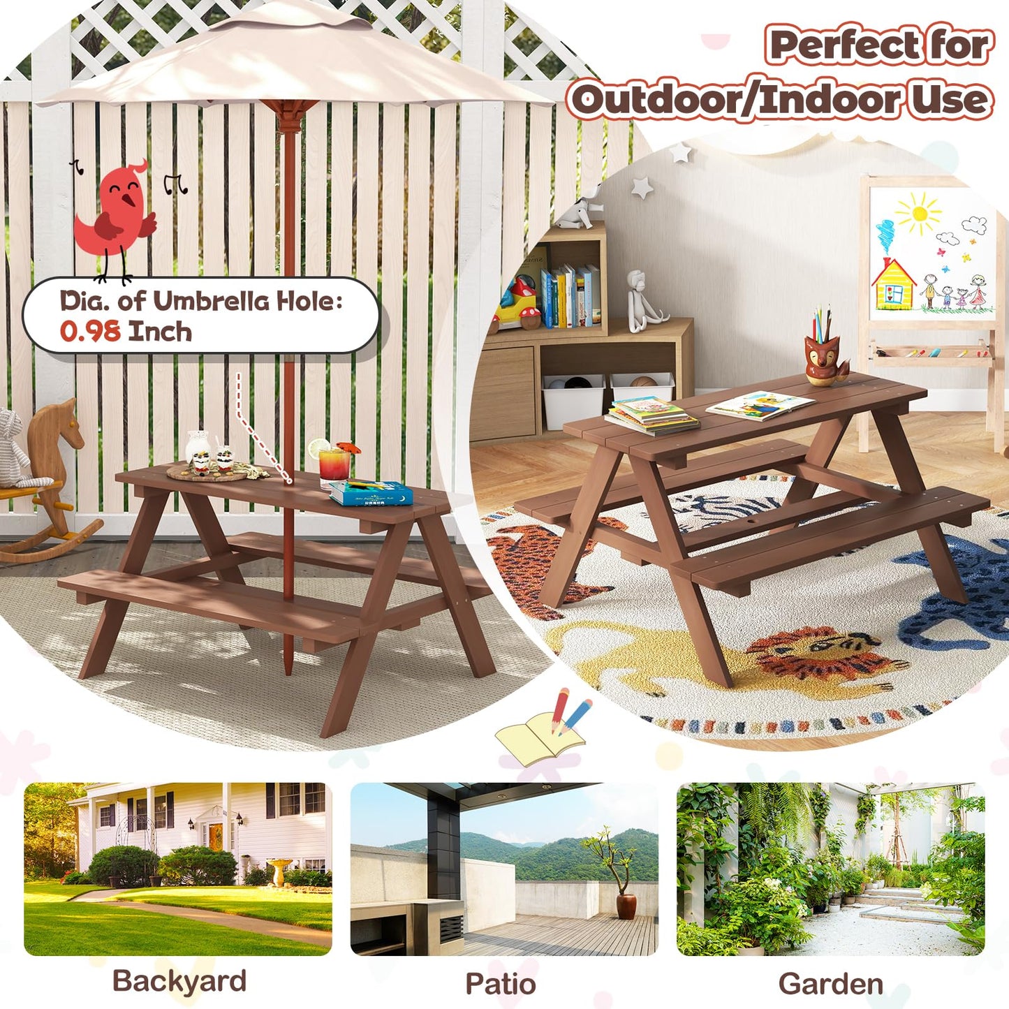 HONEY JOY Kids Picnic Table, Toddler Outdoor Table & Bench Set, Wooden Children Patio Furniture with Folding Umbrella, Kids Picnic Tables for Outdoors, Gift for Boys Girls