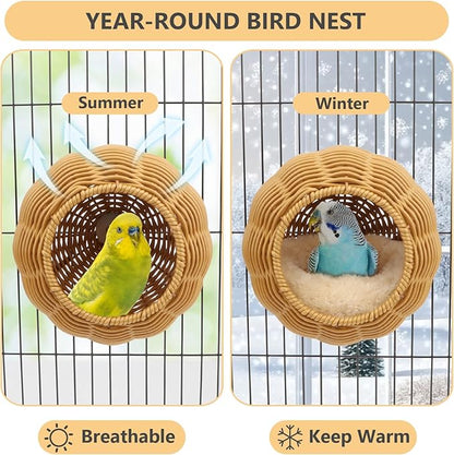 Hypeety Rattan Steel Frame Bird Nest for Cage Chewproof Parakeet Nest House Small Bird Bed Hammock with Removable Soft Plush Cushion for Small Parrots Budgies Canaries Cockatiels Finches Lovebirds