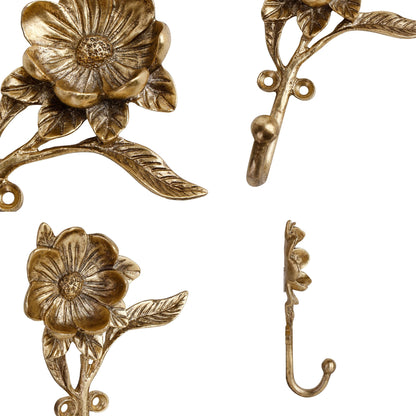 SOFFEE DESIGN 2PCS Golden Flower Metal Hooks, Heavy Duty Coat Hanger for Entryway Bathroom Living Room, Vintage Style Robe Hook