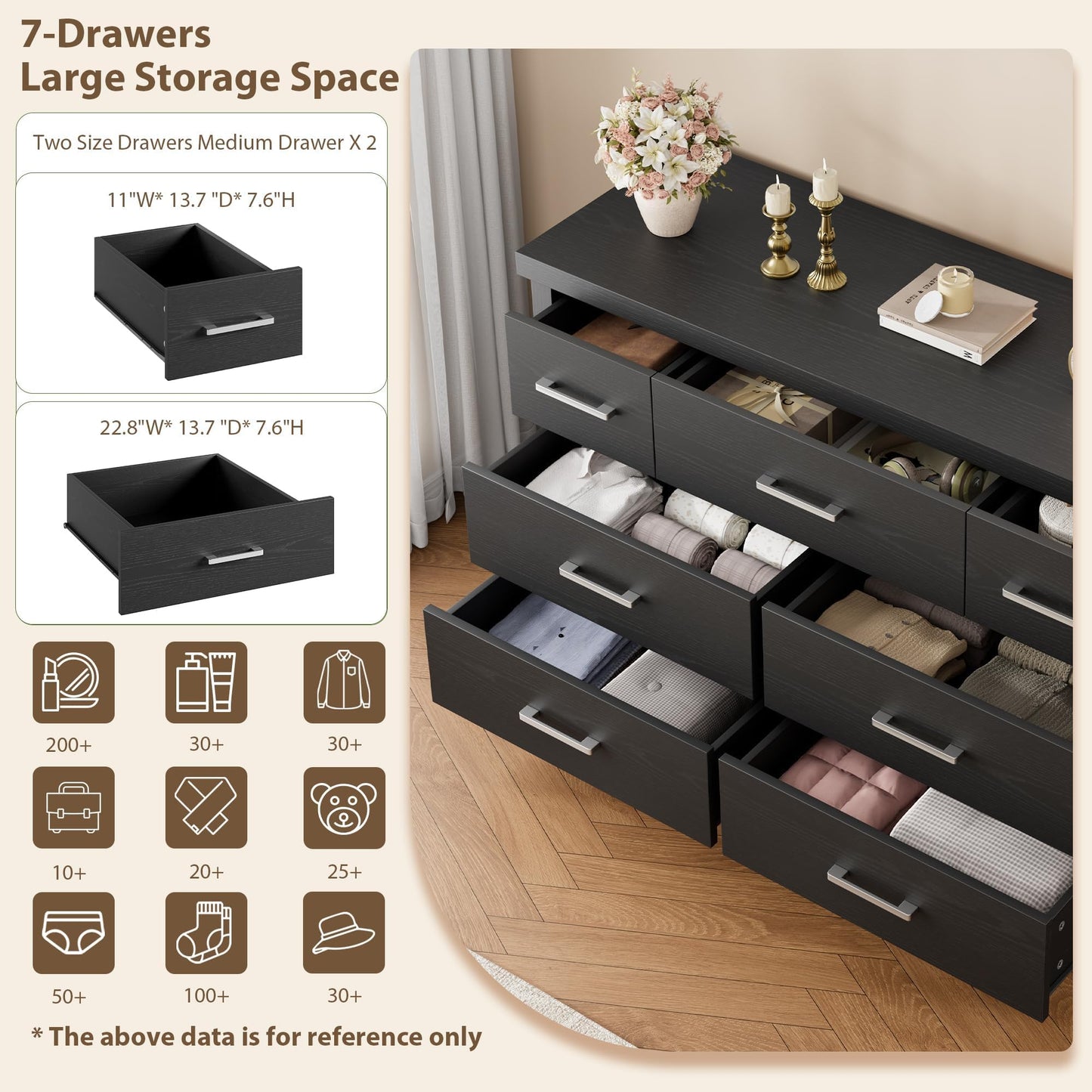 GarveeHome 7 Drawer Dresser for Bedroom, Wide Wood Chest of Drawers with Metal Handles, Large Storage Organizer for Living Room, Hallway