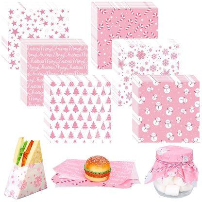 JarThenaAMCS 240 Sheet Christmas Wax Paper 6 Styles Pink Xmas Tree Snowflake Snowman Food Tissue Wrapping Paper Winter Decorative Deli Paper Basket Liners for Home Kitchen Restaurant Baking,12 Inch