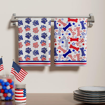 XCHI Dog Paws Bones Stars America Patriotic 4th of July Memorial Day Independence Day Kitchen Towels Dish Towels 18x26 Inch Home Decorations Hand Towels Set of 2 Drying Dishcloth