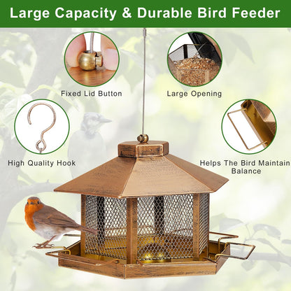 Metal Bird Feeder for Outdoor Hanging, 7.4LB Large Capacity, Garden Decoration - Attracts Wild Birds, Durable Outdoor Bird Feeding Station for Garden Yard Outside Backyard (Extra Large Gold)