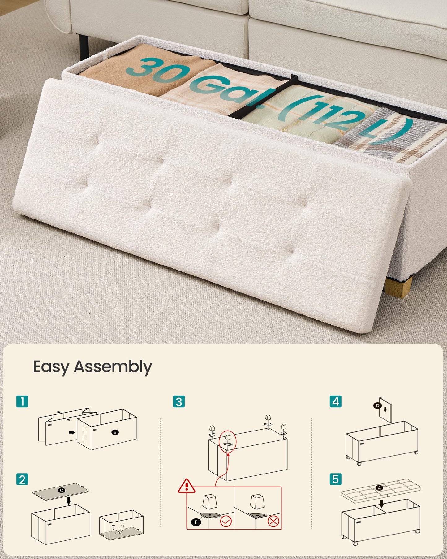 SONGMICS Storage Ottoman Bench with Legs, Folding Ottoman Foot Rest with Flipping Lid, Bench with Storage, for Living Room, Bedroom, Entryway, Teddy Fleece, 43.3 Inches, Cream White ULSF081WD01