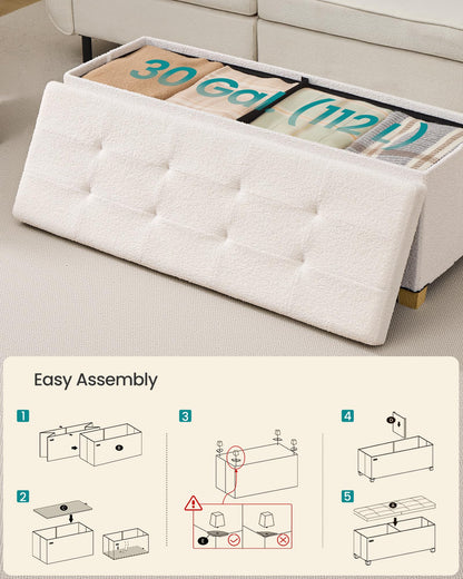 SONGMICS Storage Ottoman Bench with Legs, Folding Ottoman Foot Rest with Flipping Lid, Bench with Storage, for Living Room, Bedroom, Entryway, Teddy Fleece, 43.3 Inches, Cream White ULSF081WD01